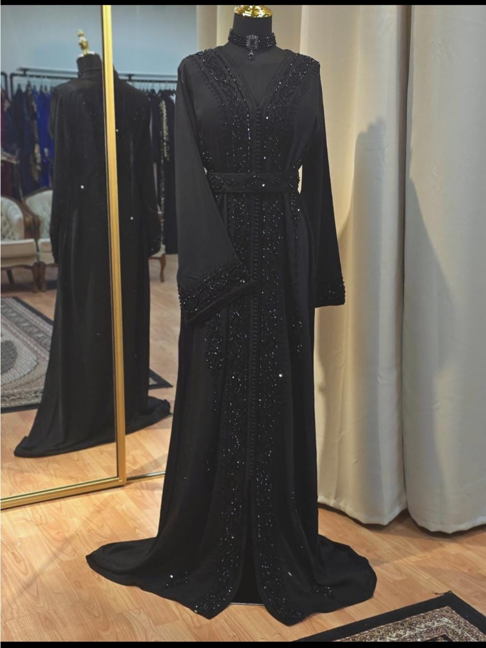 Black Embellished Long Sleeve Evening Dress